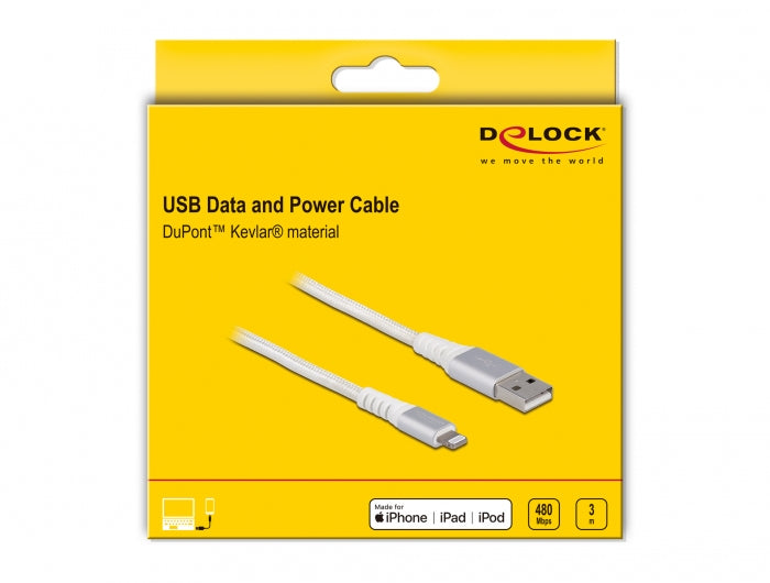 DeLOCK Kabel – USB-A auf Lightning 3 m, MFi zertifiziert, Kevlar, Weiss – für iPhone/iPad