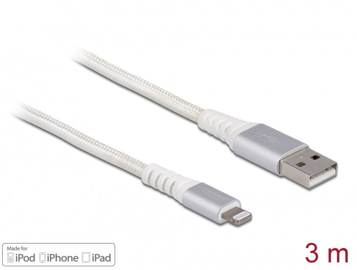 DeLOCK Kabel – USB-A auf Lightning 3 m, MFi zertifiziert, Kevlar, Weiss – für iPhone/iPad