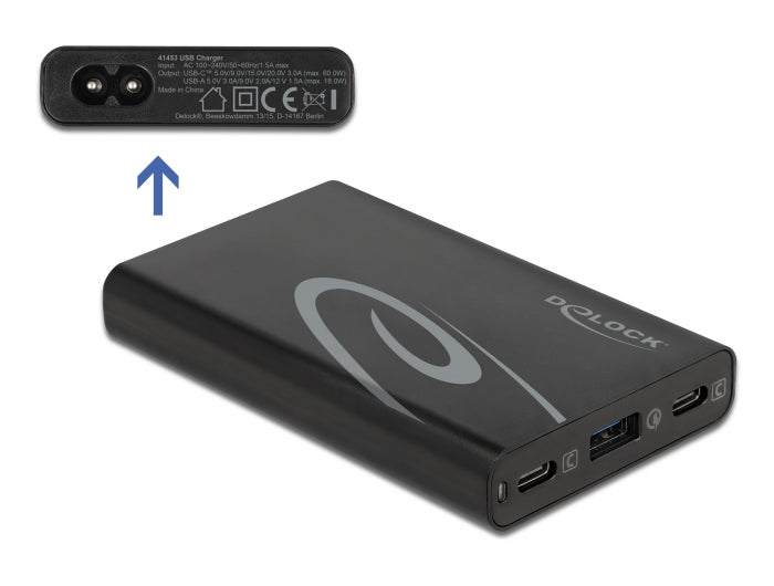 DeLOCK Ladegerät – 60 W, 2× USB-C + 1× USB-A, PD