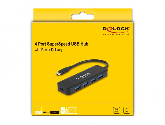 DeLOCK 64170 USB-Hub – USB-C, 4× USB-A, 85 W PD, für Windows/Mac/Linux