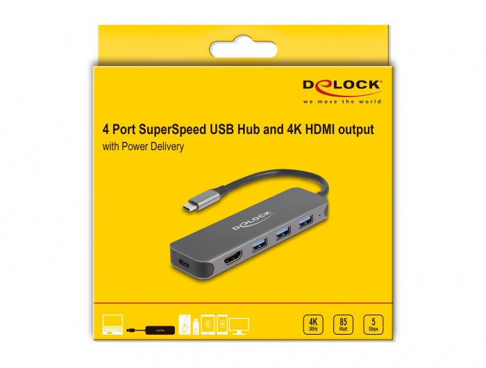 DeLOCK 64171 Multiport-Adapter – USB-C, 1× HDMI, 3× USB-A, 85 W PD, für Windows/Linux/Android