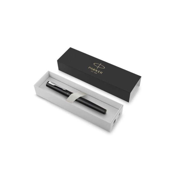 Parker Vector XL – Tintenroller, Schwarz, mit Kappe, Edelstahl (Chrom)