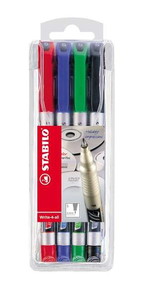 STABILO Permanentmarker – Feine Spitze 0,4 mm – Schwarz, Blau, Grün, Rot – 4er-Pack