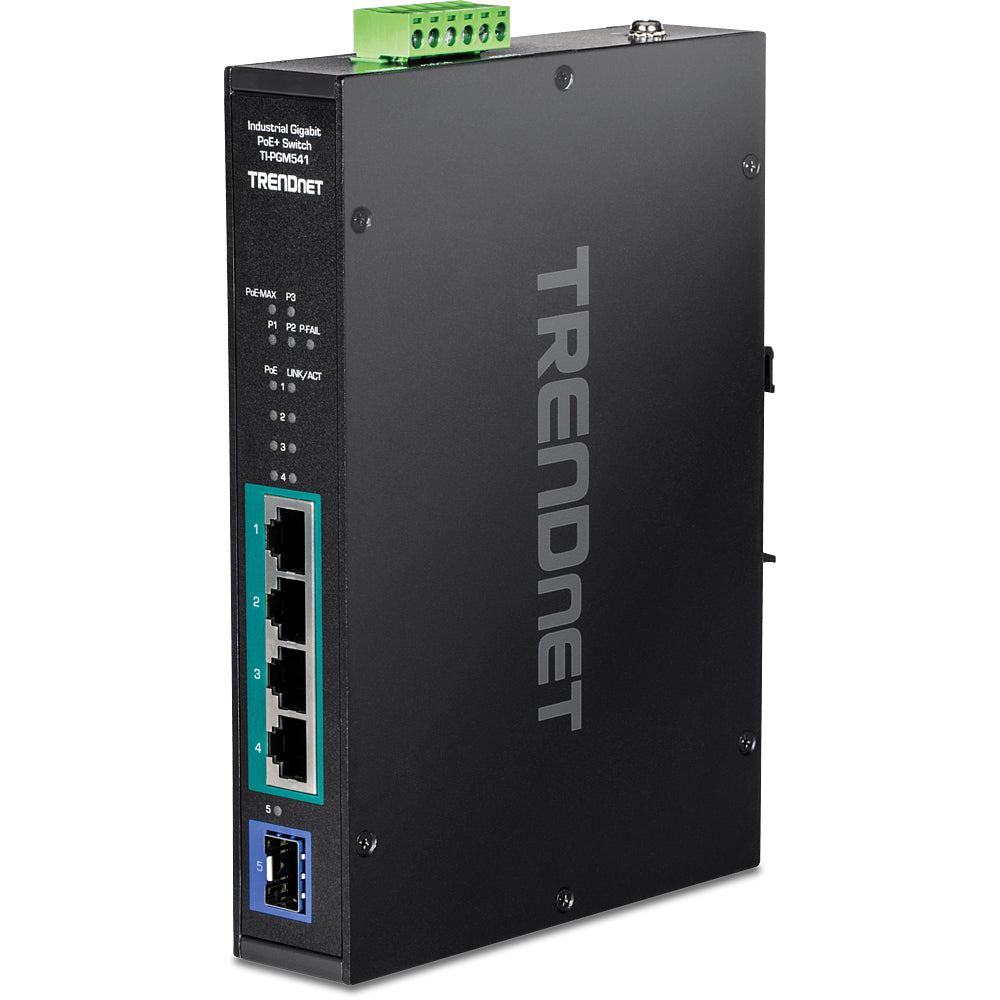 Trendnet TI-PGM541 – Switch – 4× 1G PoE+, 1× SFP, PoE-Budget 120 W, Hutschiene, IP30