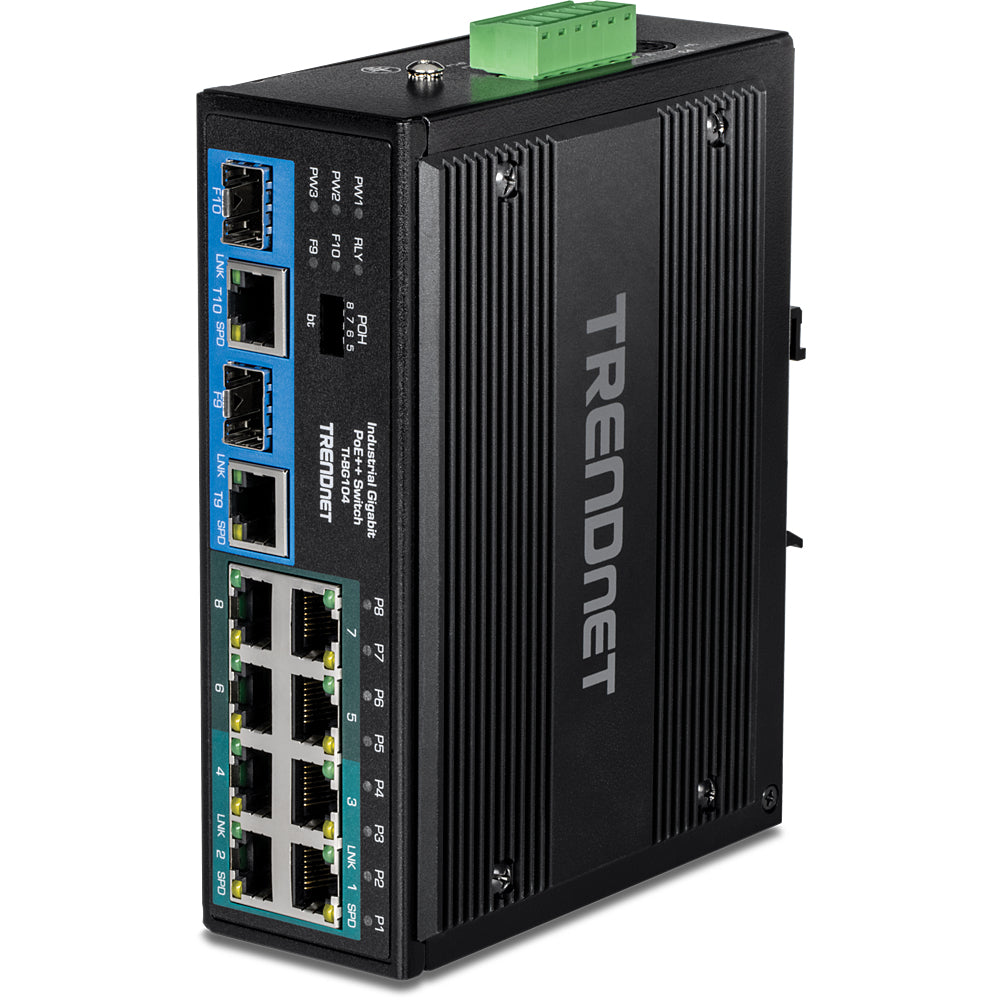 TRENDnet TI-BG104 – Unmanaged Switch – 8× 1G, 2× Combo (SFP/RJ-45), PoE++, PoE-Budget 360 W, DIN-Rail