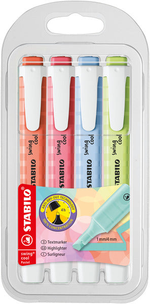 STABILO swing cool Textmarker Set 4 Pastellfarben – Keilspitze, 1–4 mm