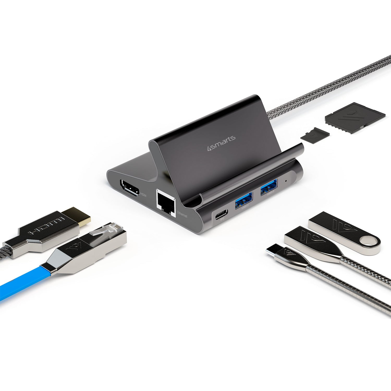 4smarts 7-in-1 Hub Smartphone-Dock – USB-C, HDMI ×1, USB-A ×2, Ethernet – PD 100 W – für Tablet/Phone – Grau