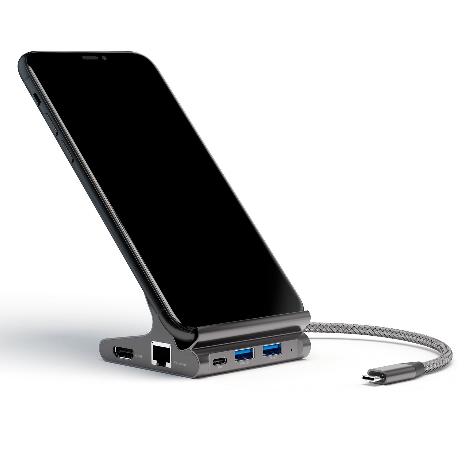 4smarts 7-in-1 Hub Smartphone-Dock – USB-C, HDMI ×1, USB-A ×2, Ethernet – PD 100 W – für Tablet/Phone – Grau