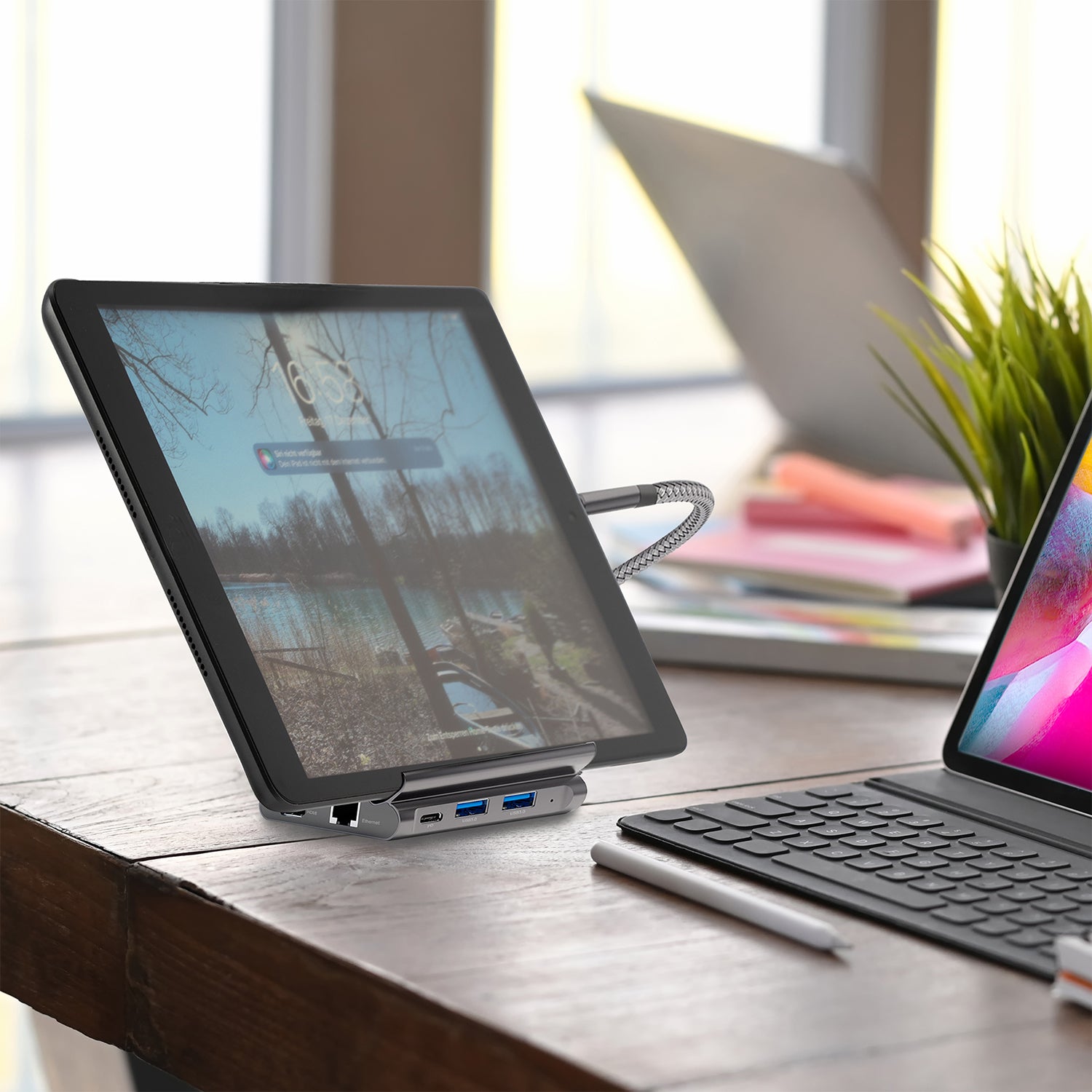 4smarts 7-in-1 Hub Smartphone-Dock – USB-C, HDMI ×1, USB-A ×2, Ethernet – PD 100 W – für Tablet/Phone – Grau