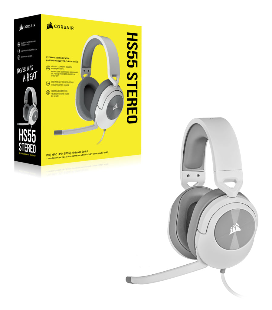 Corsair HS55 Stereo – Over-Ear Gaming-Headset – 3,5 mm Klinke, Stummschaltung – Weiss – für PC
