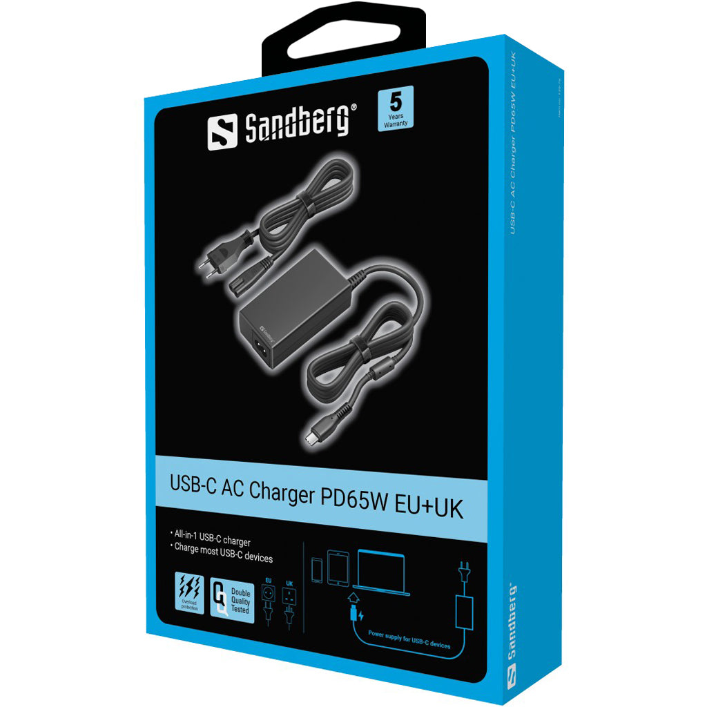 Sandberg 135-76 USB-Wandladegerät 65 W – USB-C×1 – PD – EU-Stecker (Typ C), UK-Stecker (Typ G) – Schwarz
