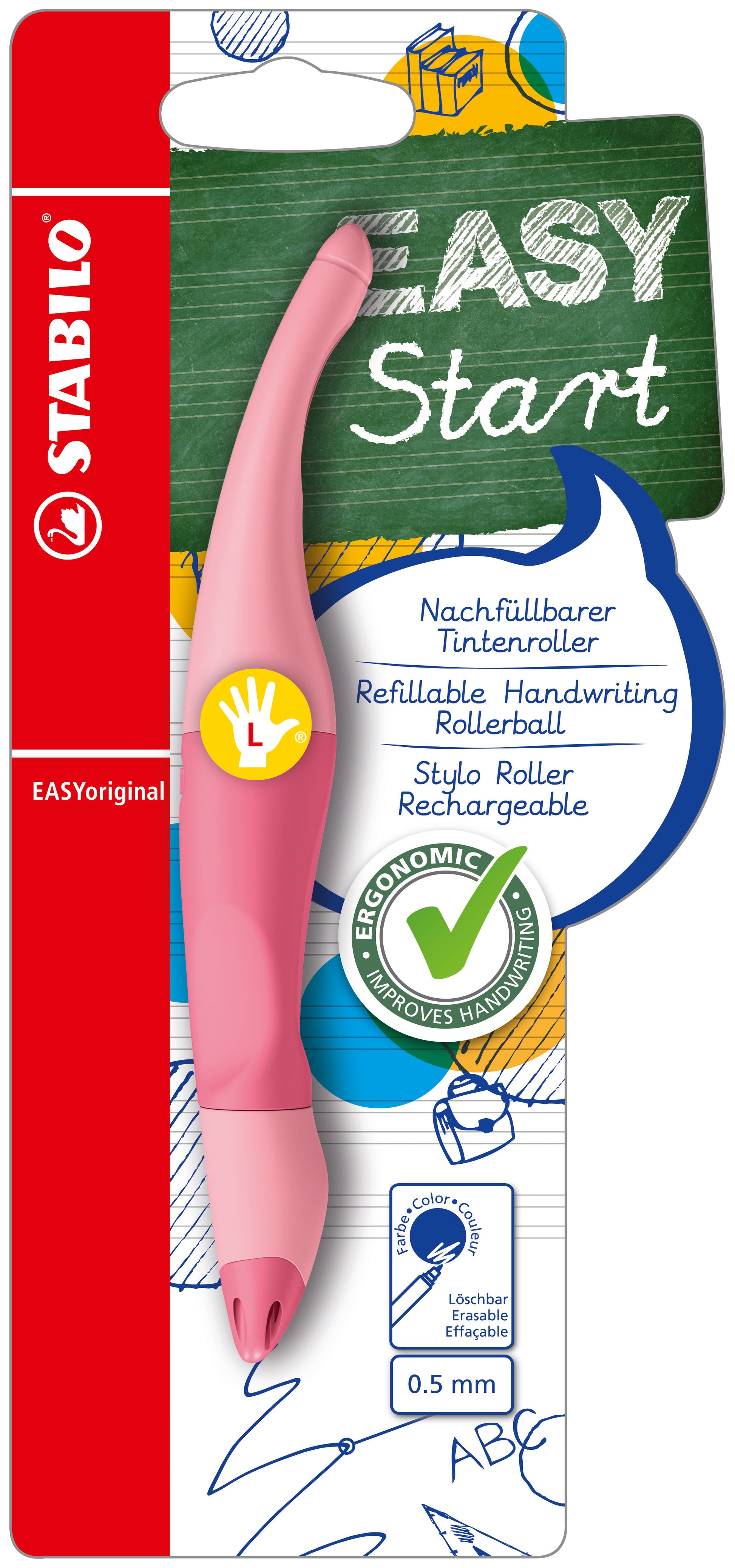 STABILO EASYoriginal Start Pastell – Tintenroller, mit Kappe, 0,5 mm, Blau, 1er Blister, für Linkshänder