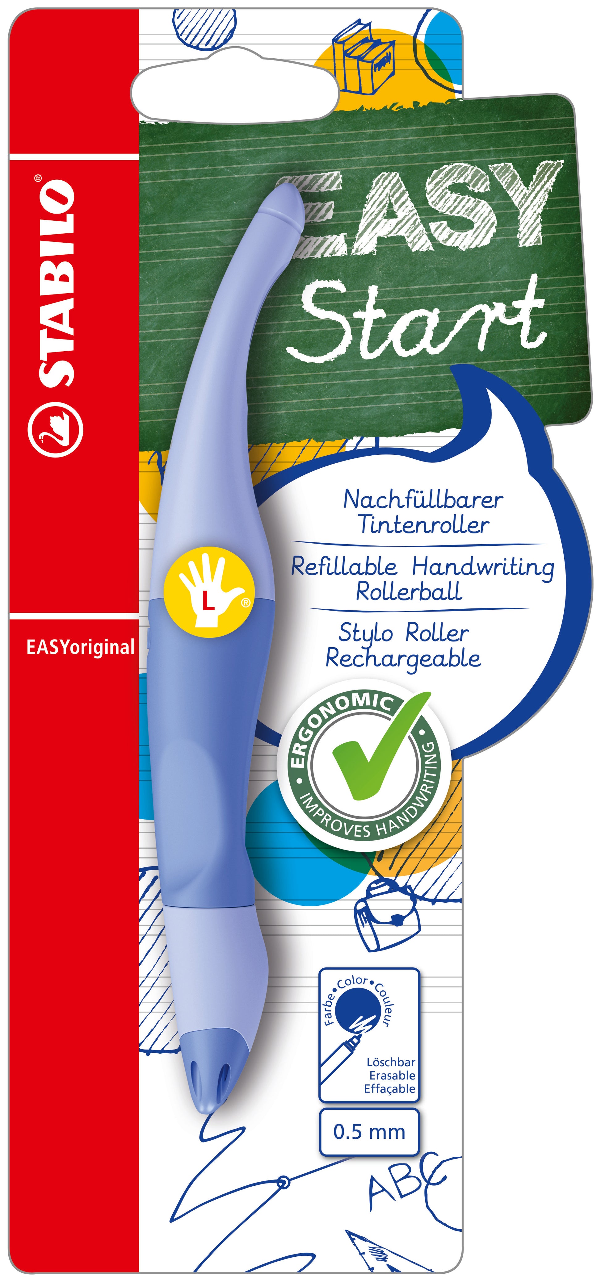 STABILO EASYoriginal Start Pastell – Tintenroller, mit Kappe, 0,5 mm, Blau, für Linkshänder, 1er Blister