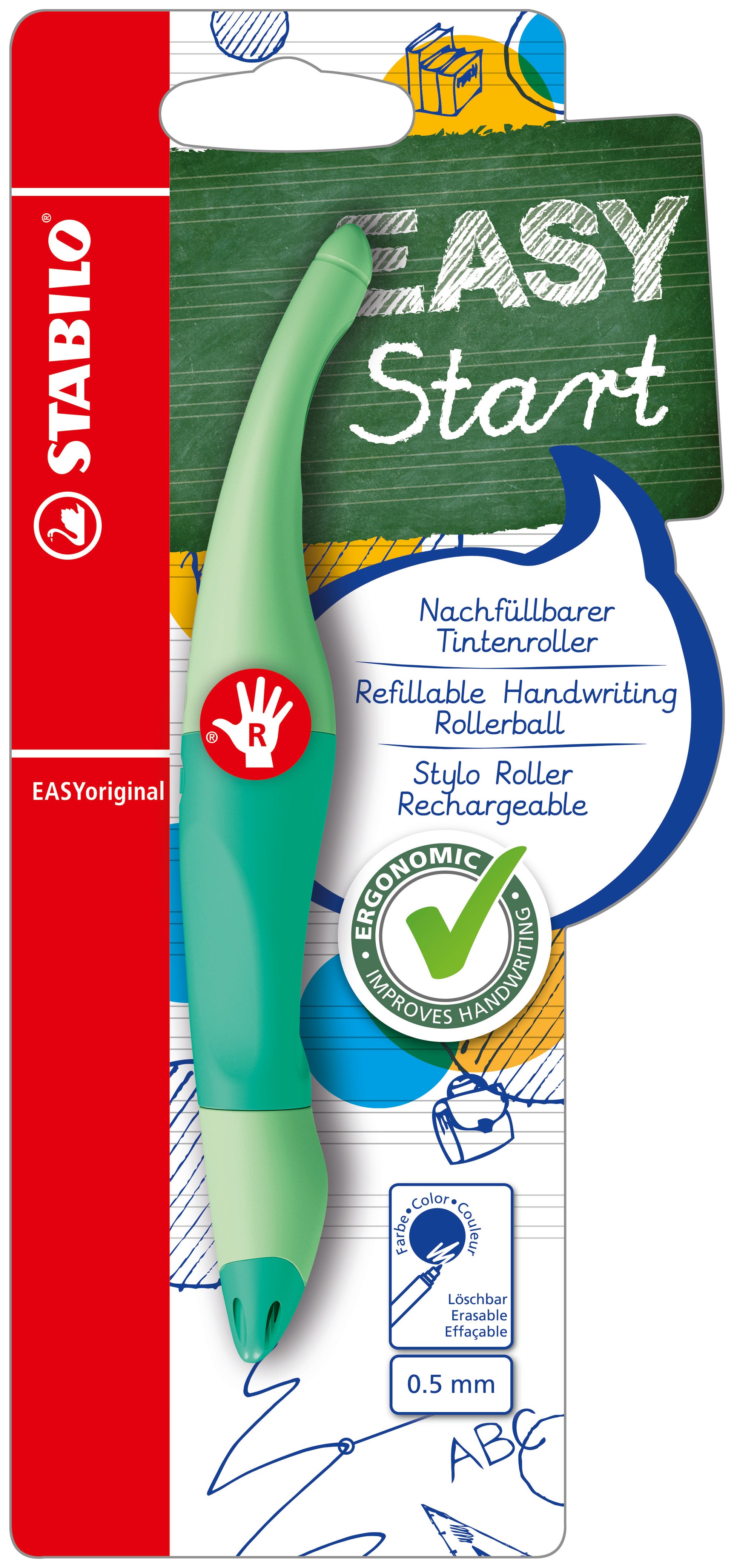 STABILO EASYoriginal Start Pastell – Tintenroller, mit Kappe, 0,5 mm, Blau, für Rechtshänder, 1er Blister
