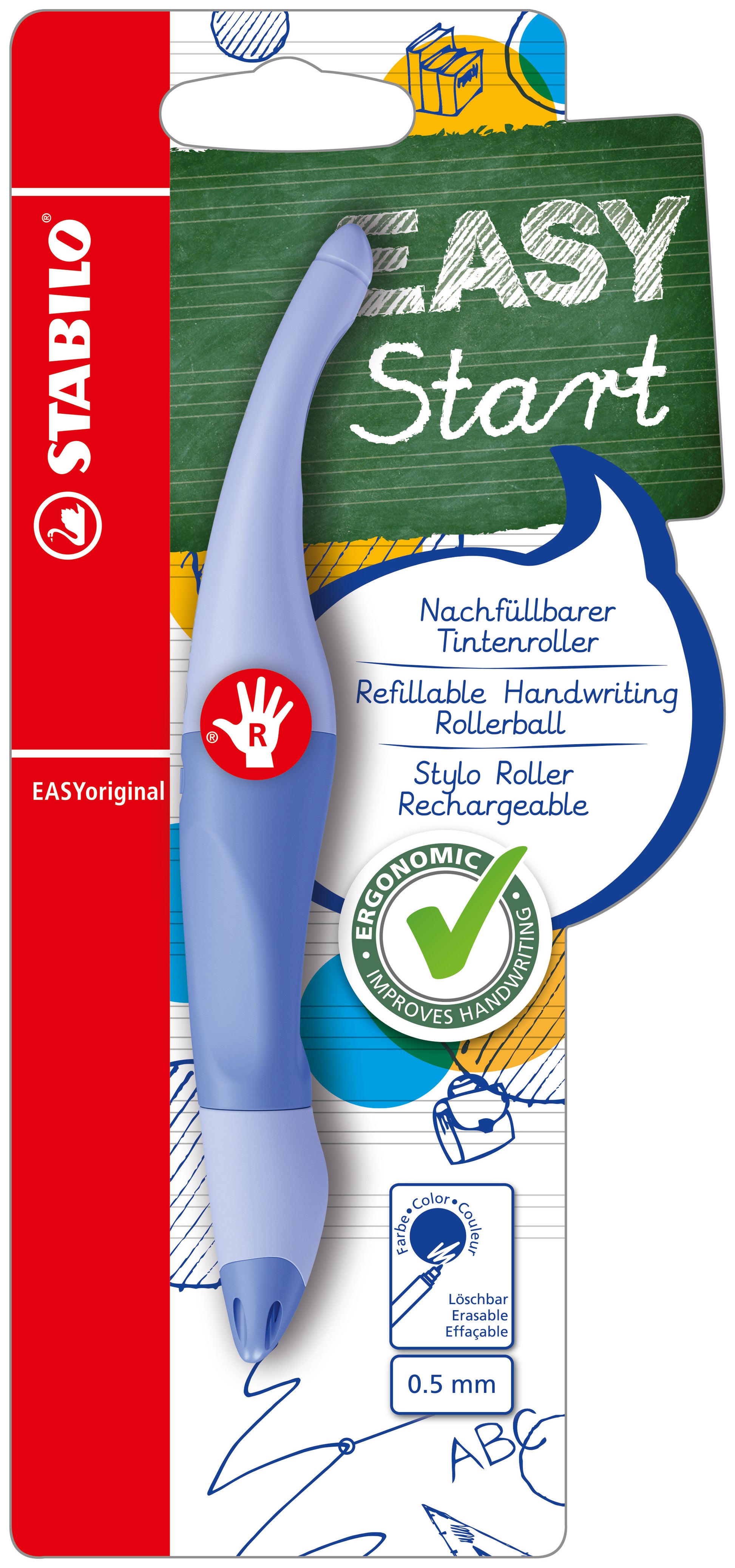 STABILO EASYoriginal Start Pastell – Tintenroller, mit Kappe, 0,5 mm, Blau, 1er Blister, für Rechtshänder