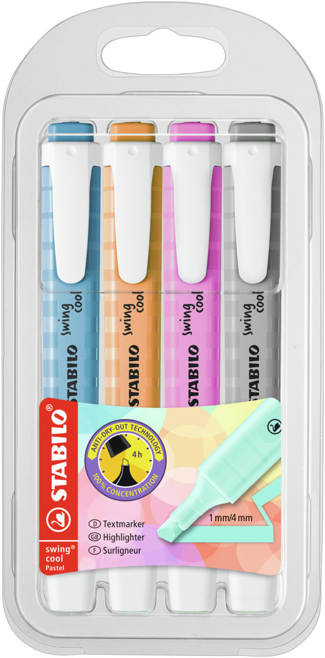STABILO swing cool Pastel Edition Textmarker Set 4 Farben Pastell – Keilspitze, 1–4 mm