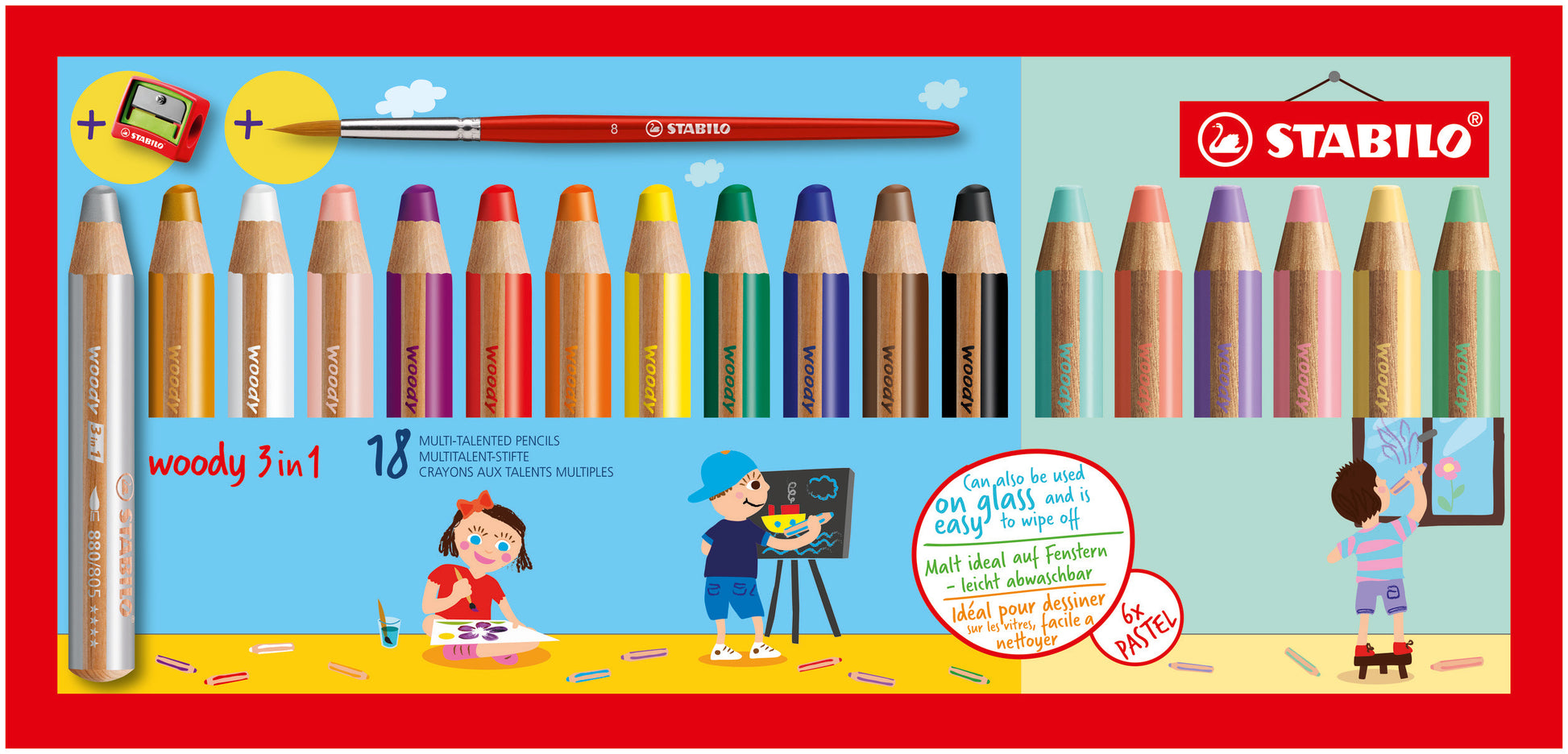 STABILO 3-in-1 Farbstifte woody – 18 Pastellfarben, im Kartonetui, mit Spitzer und Pinsel, Ø 4,2 mm, PEFC