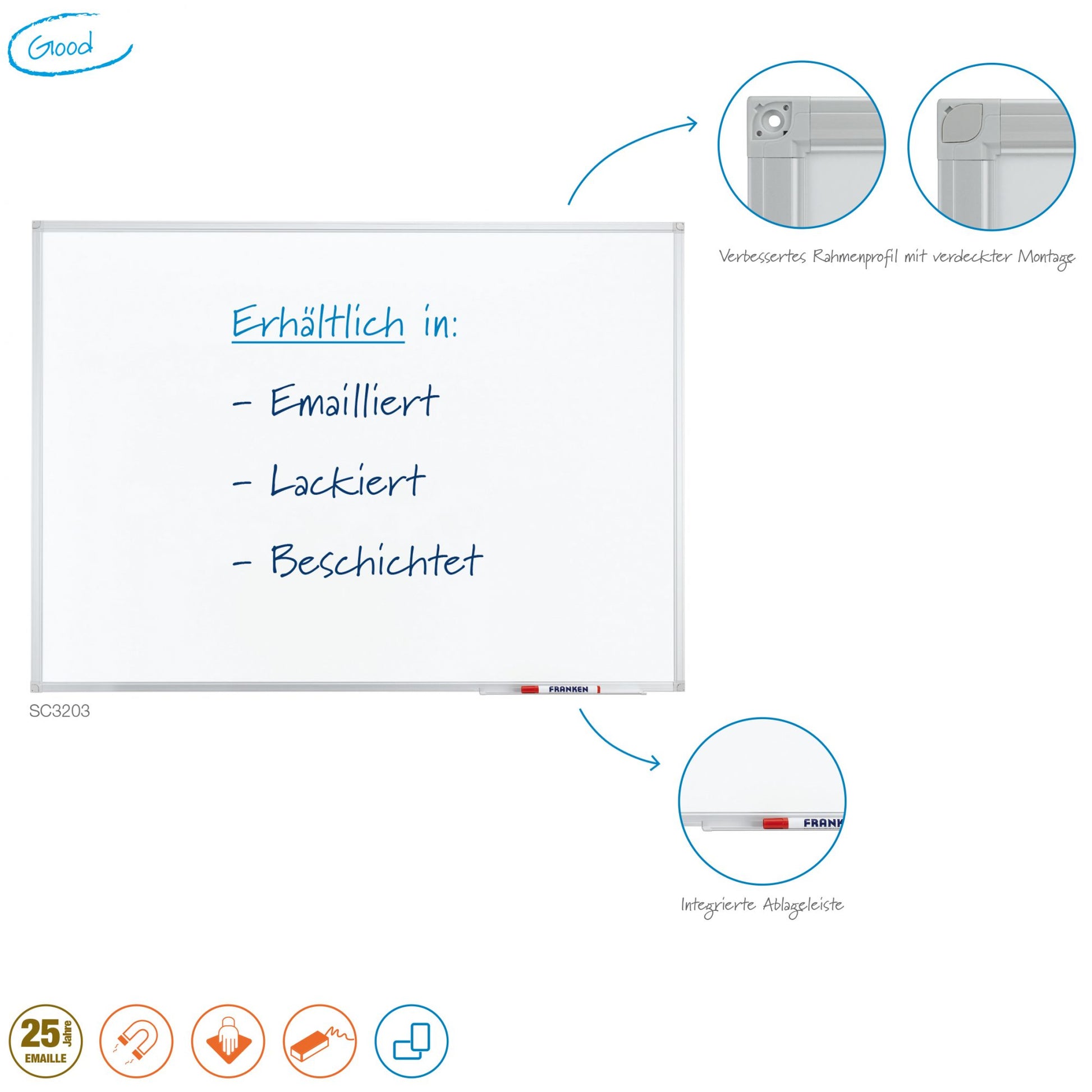 Franken Whiteboard – 180 × 120 cm, Emaille, magnetisch, Aluminiumrahmen, Wandmontage, inkl. Montageset