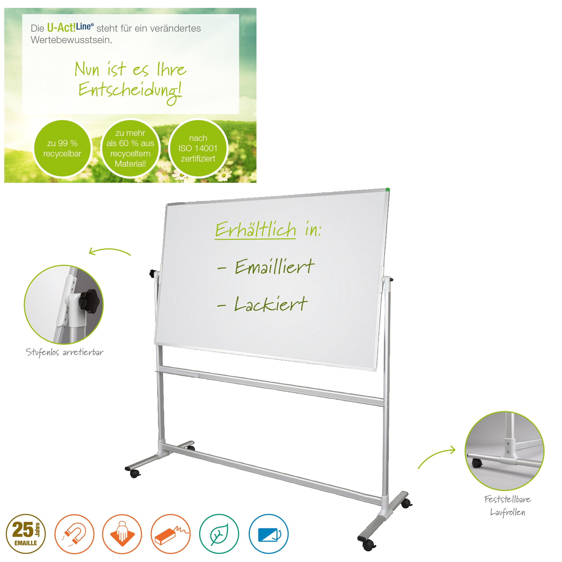 Franken Whiteboard – 150 × 100 cm, Emaille, magnetisch, Metallrahmen, mit Ständer, drehbar