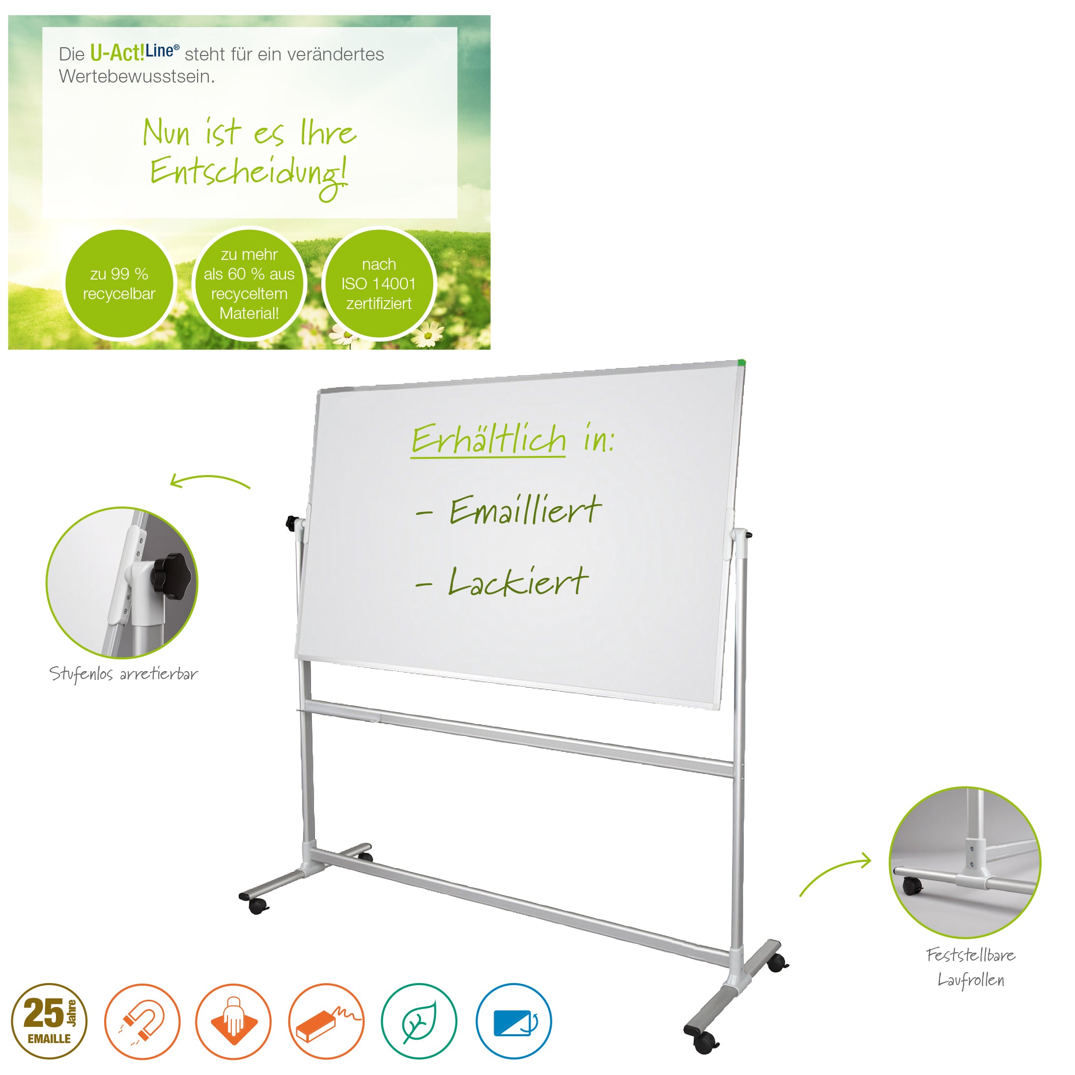 Franken Whiteboard – 150 × 100 cm, Emaille, magnetisch, Metallrahmen, mit Ständer, drehbar