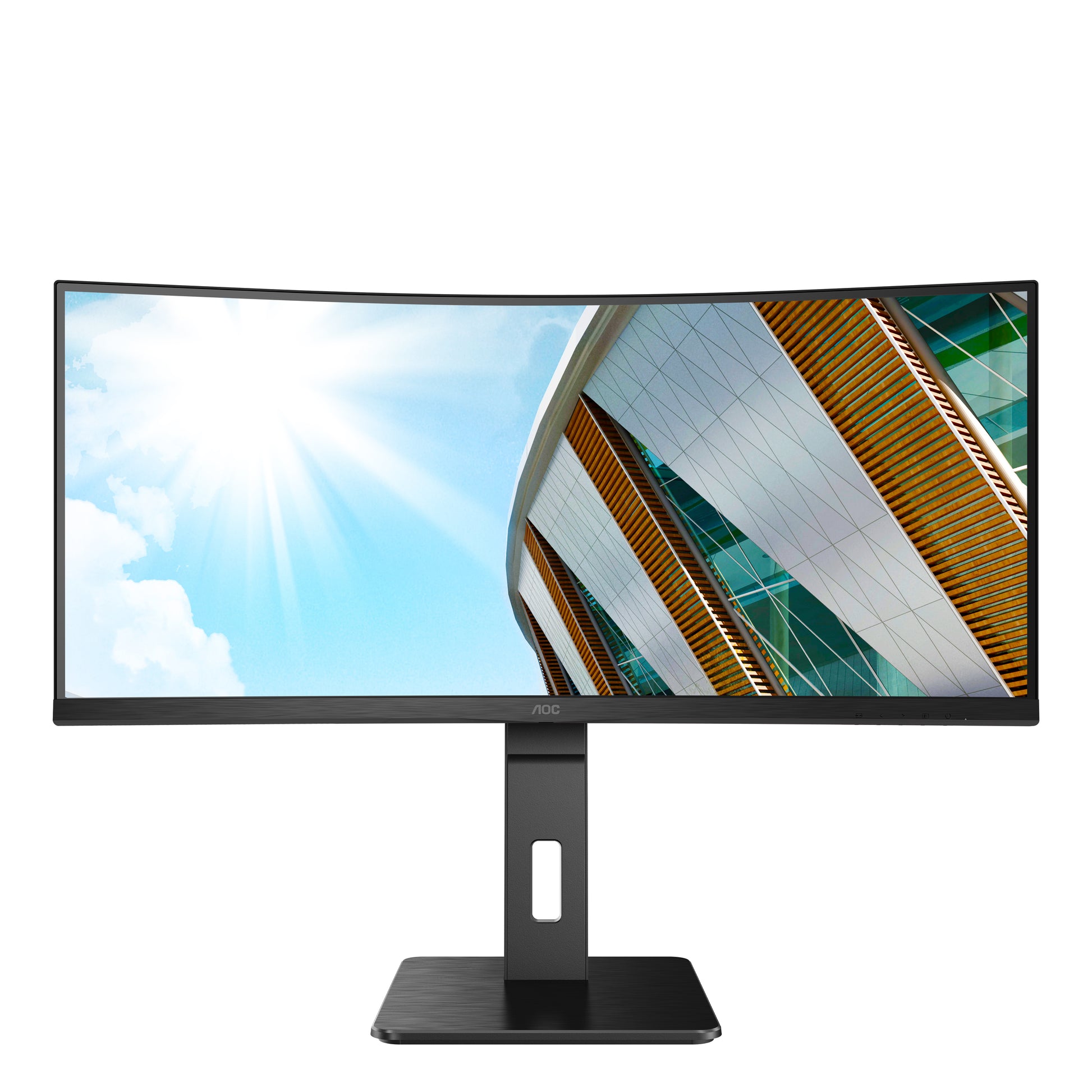 AOC CU34P2A – Monitor, 34", 3440 × 1440, VA, 100 Hz, 300 cd/m², Gebogen, USB-Hub, VESA 100 × 100, Schwarz