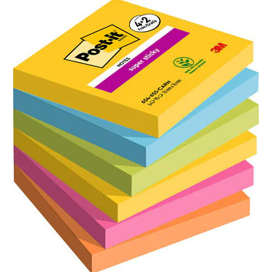 Post-it Super Sticky Haftnotizen – 76×76 mm – sortiert, 6×90 Blatt, PEFC