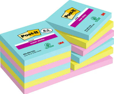 Post-it Super Sticky Haftnotizen – 76×76 mm – sortiert (türkis, neongrün, tropicalpink), 12×90 Blatt, PEFC