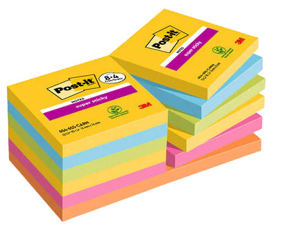 Post-it Haftnotizen Super Sticky – 76×76 mm – sortiert, 12×90 Blatt, PEFC