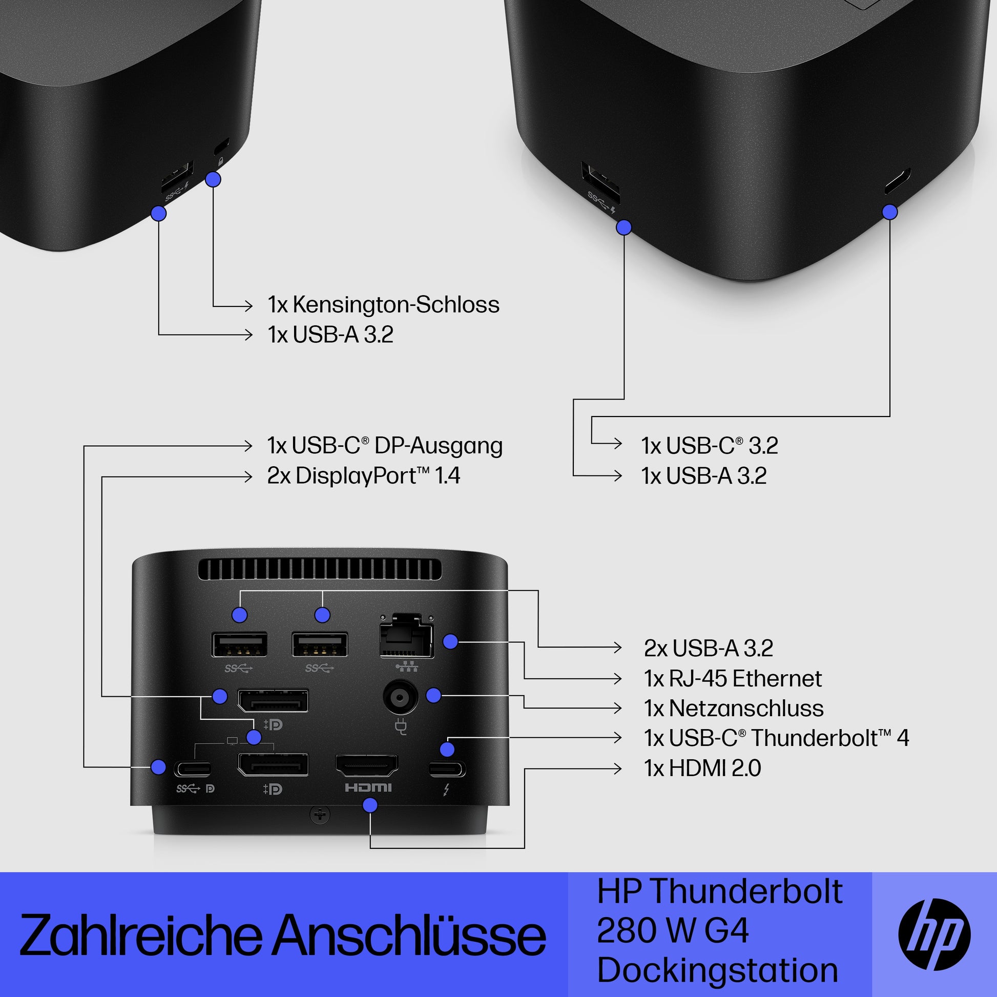 HP Thunderbolt 280W G4 Dockingstation – Thunderbolt 4, 2× DP, 1× HDMI, 4× USB-A, 1× USB-C