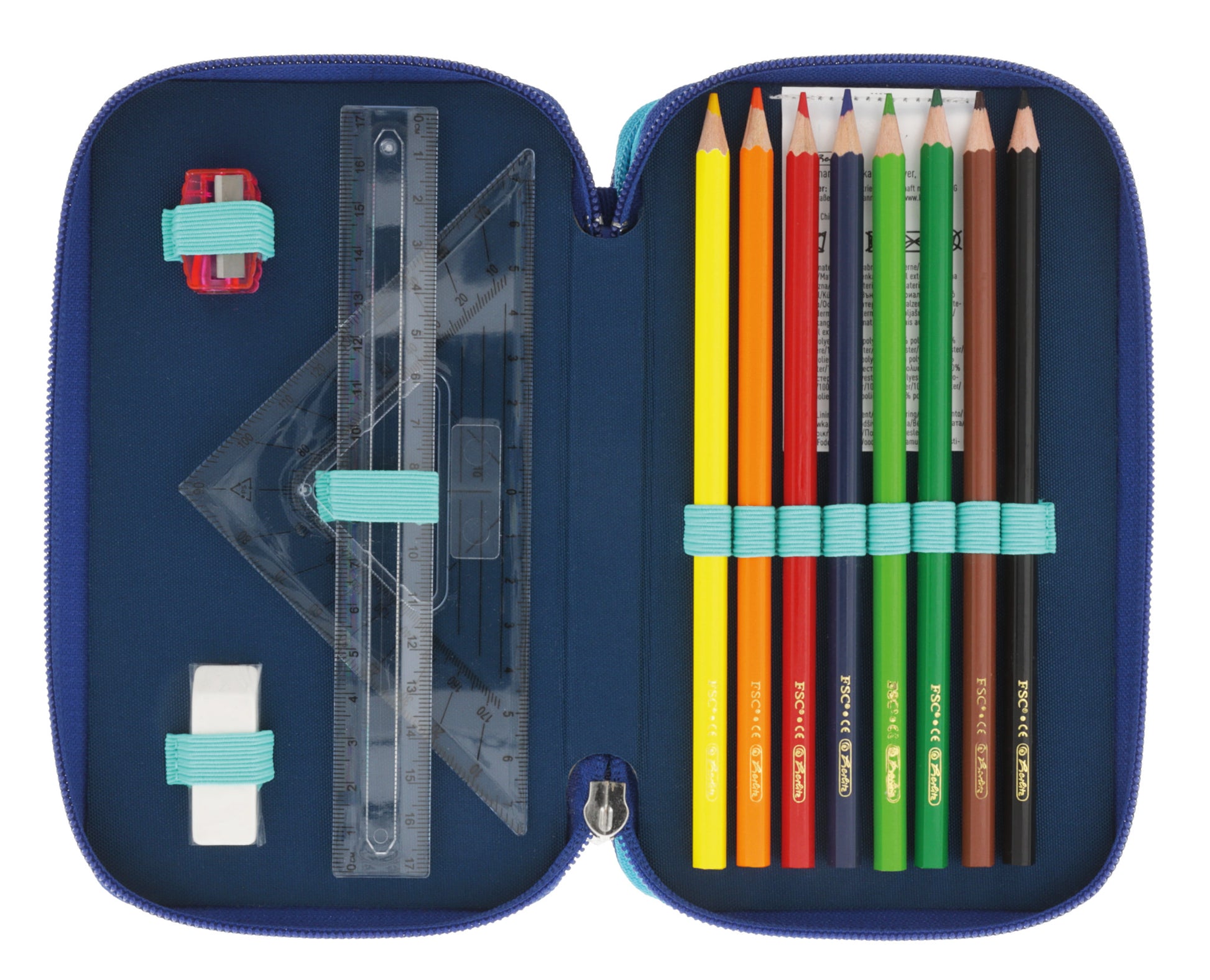 Herlitz TriCase Dip Dye – Schüleretui, gefüllt (31-teilig), 3 Klappen, blau, türkis, 19 × 7 × 11,5 cm