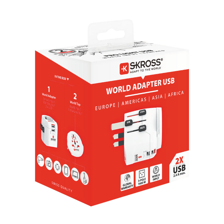 Skross PRO Light Reiseadapter – 2× USB‑A (5 V/2,4 A geteilt, 12 W), 100–250 V AC, für USA, Kanada, Japan