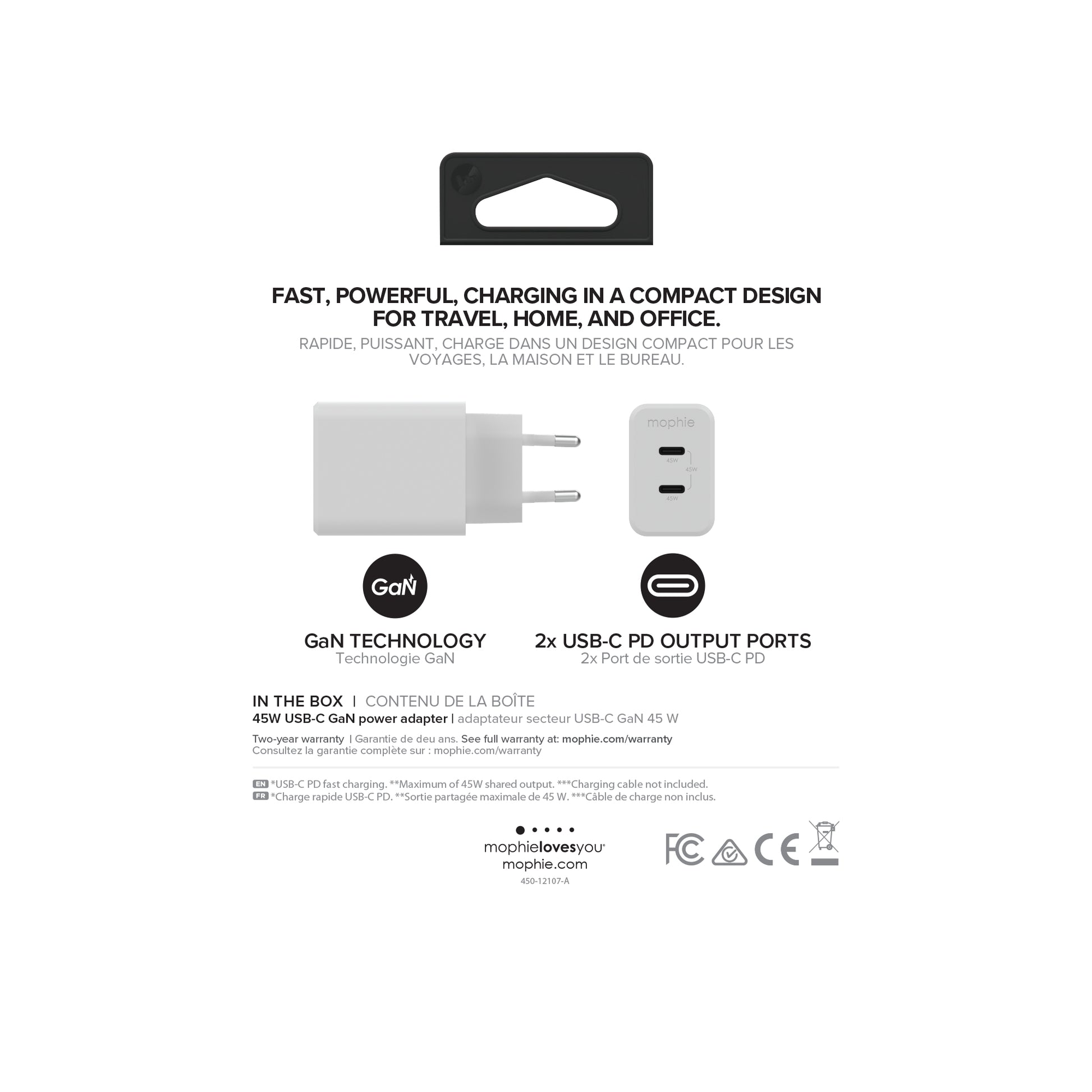 Mophie Netzteil (EU) – 45 W, 2× USB-C, PD, GaN