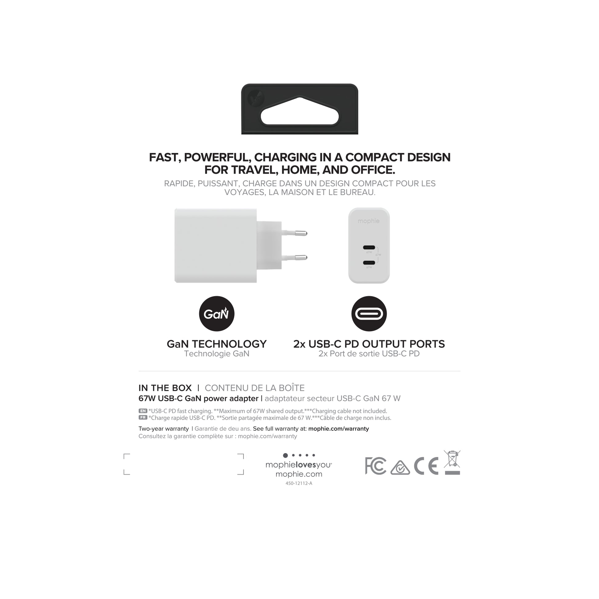 mophie Netzteil (EU) – 67 W, 2× USB-C, PD, GaN