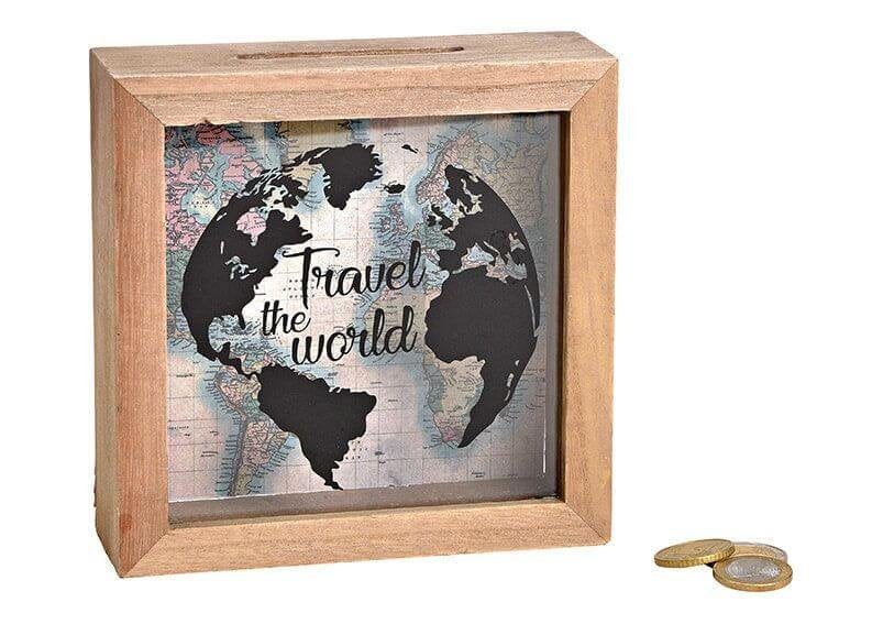 G. Wurm Spardose Weltkarte – Holz & Glas, Mehrfarbig – 15 × 15 × 5 cm