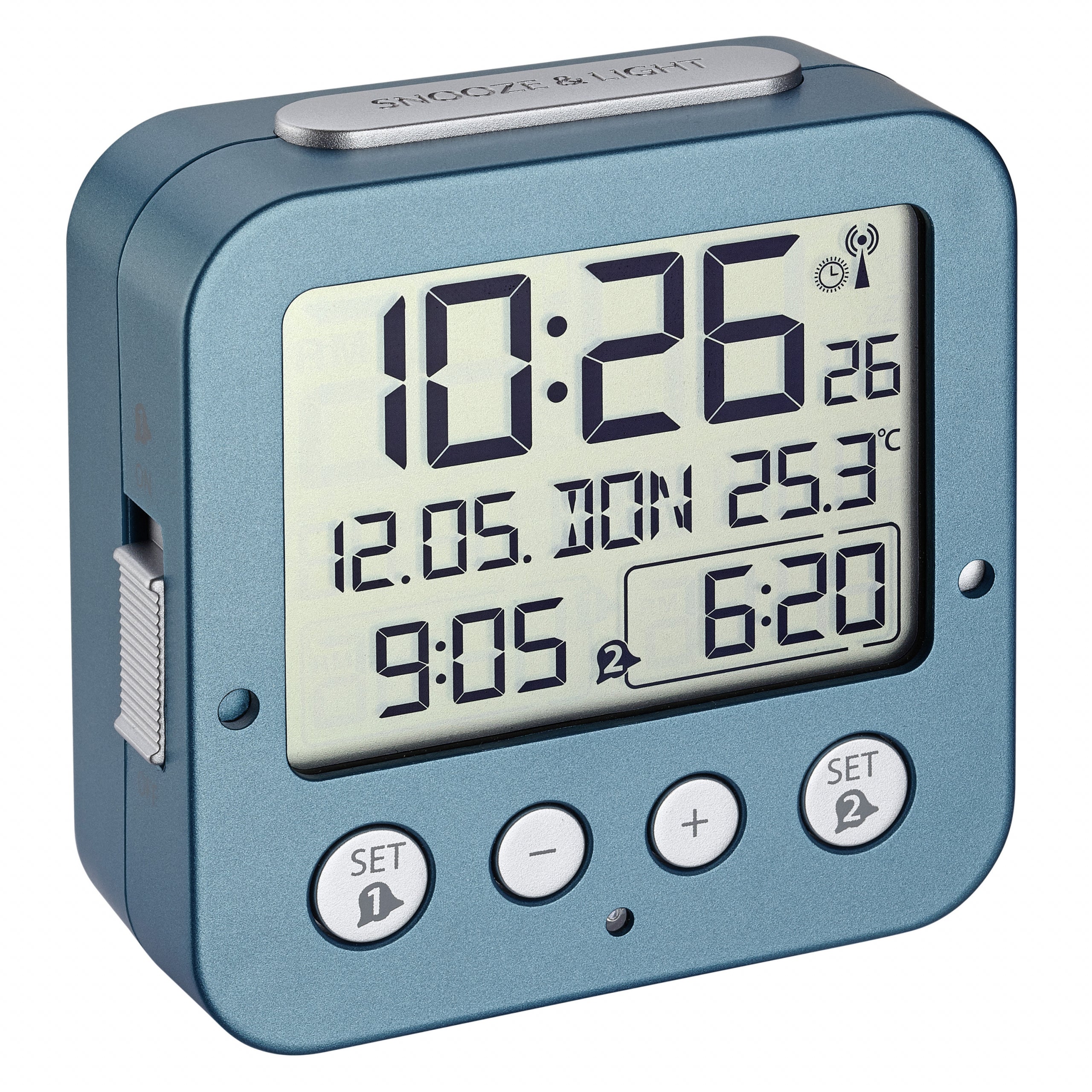 TFA-Dostmann TFA Dostmann Digitalwecker – Funk, Schlummerfunktion, Thermometer, 8,1 × 8,1 × 3,3 cm, türkis, Kunststoff