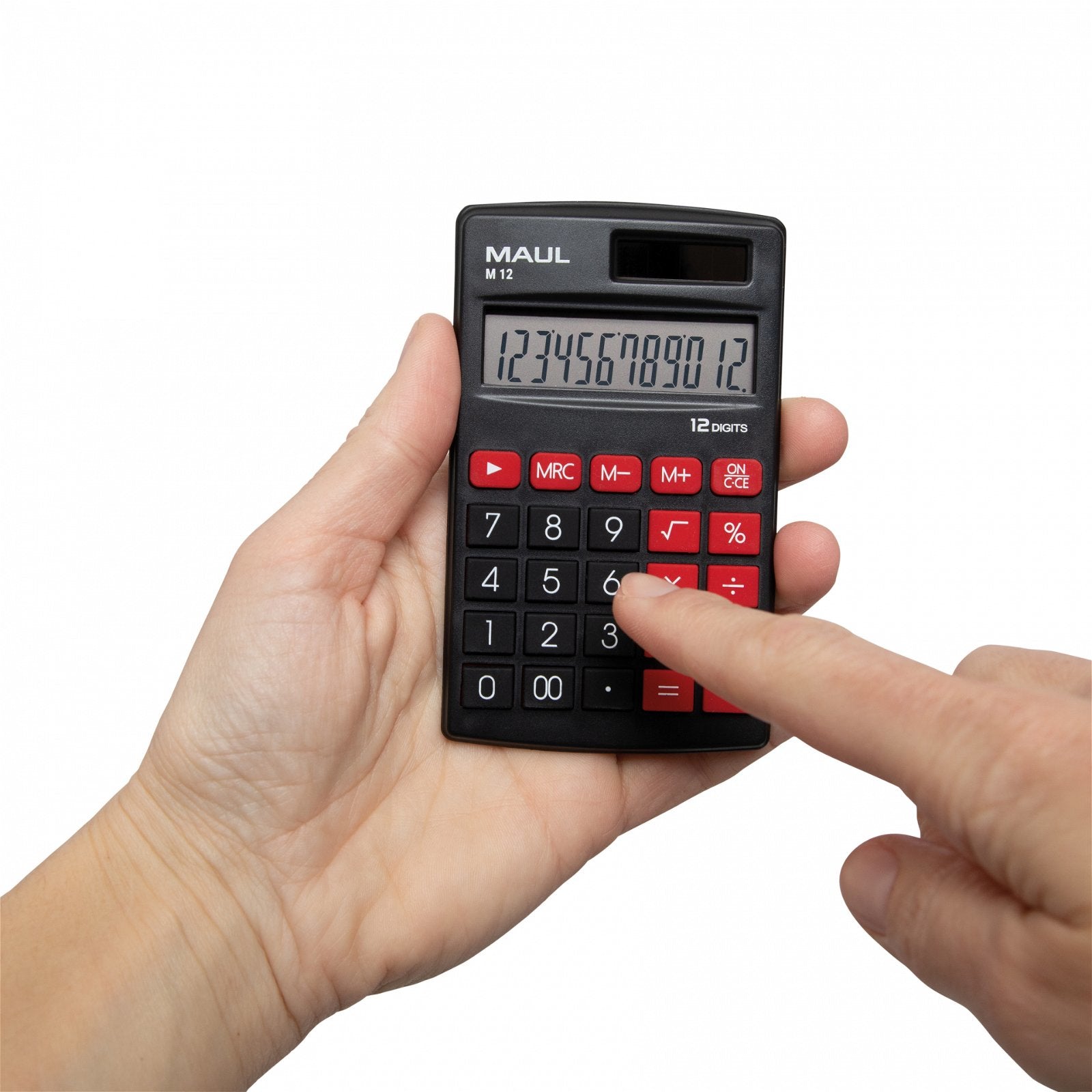 MAUL Taschenrechner M12 – 12-stellig – Solar/Batterie – Schwarz/Rot