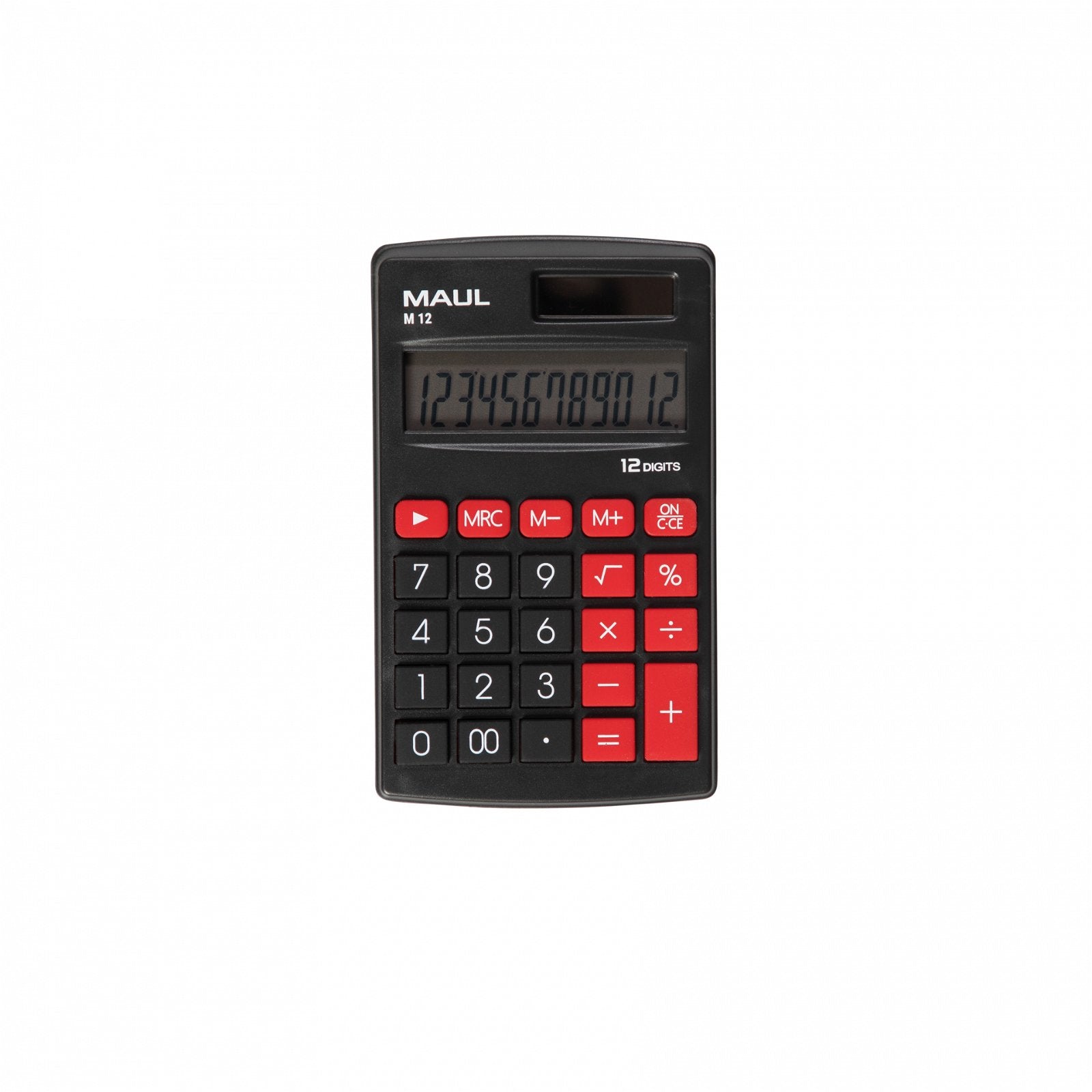 MAUL Taschenrechner M12 – 12-stellig – Solar/Batterie – Schwarz/Rot