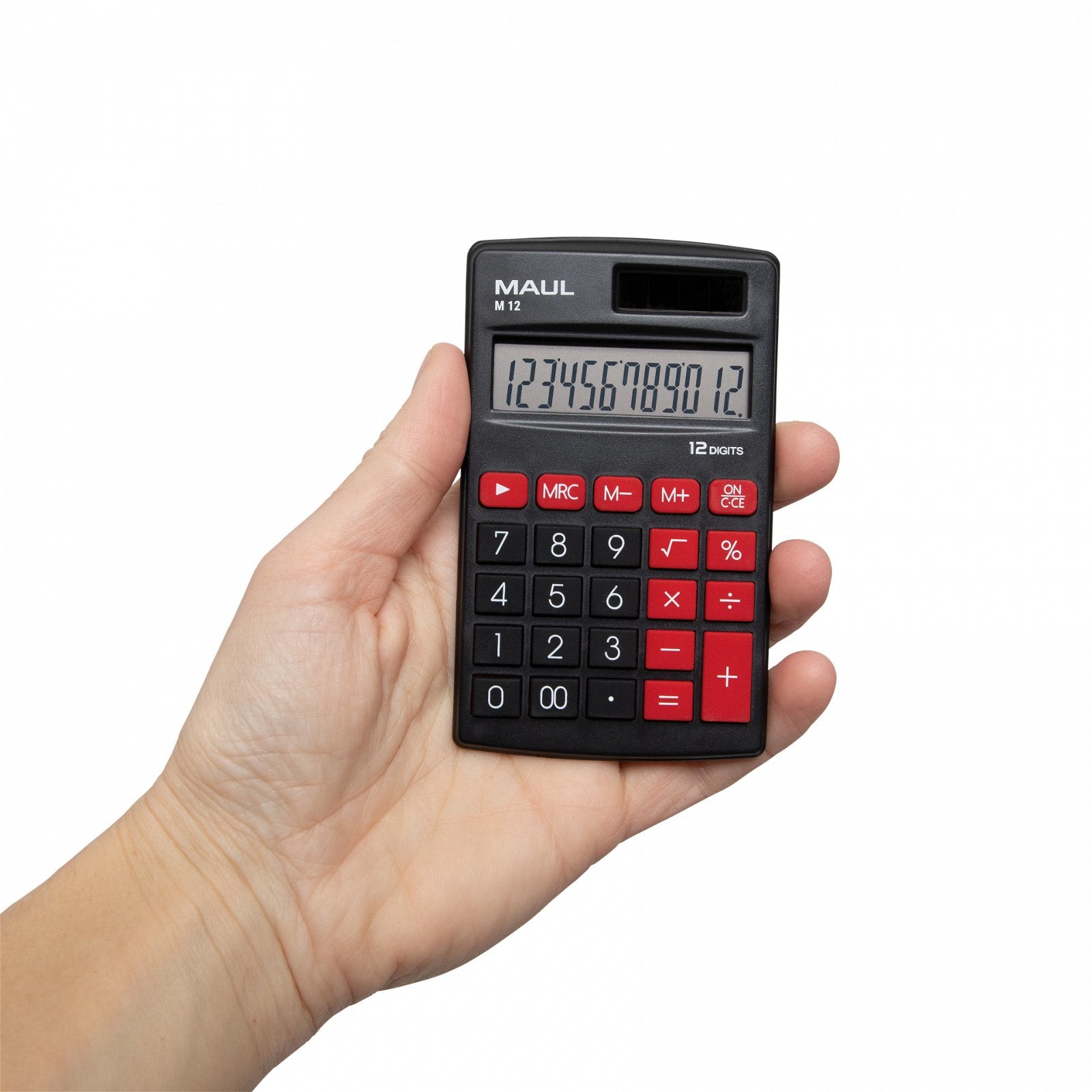 MAUL Taschenrechner M12 – 12-stellig – Solar/Batterie – Schwarz/Rot