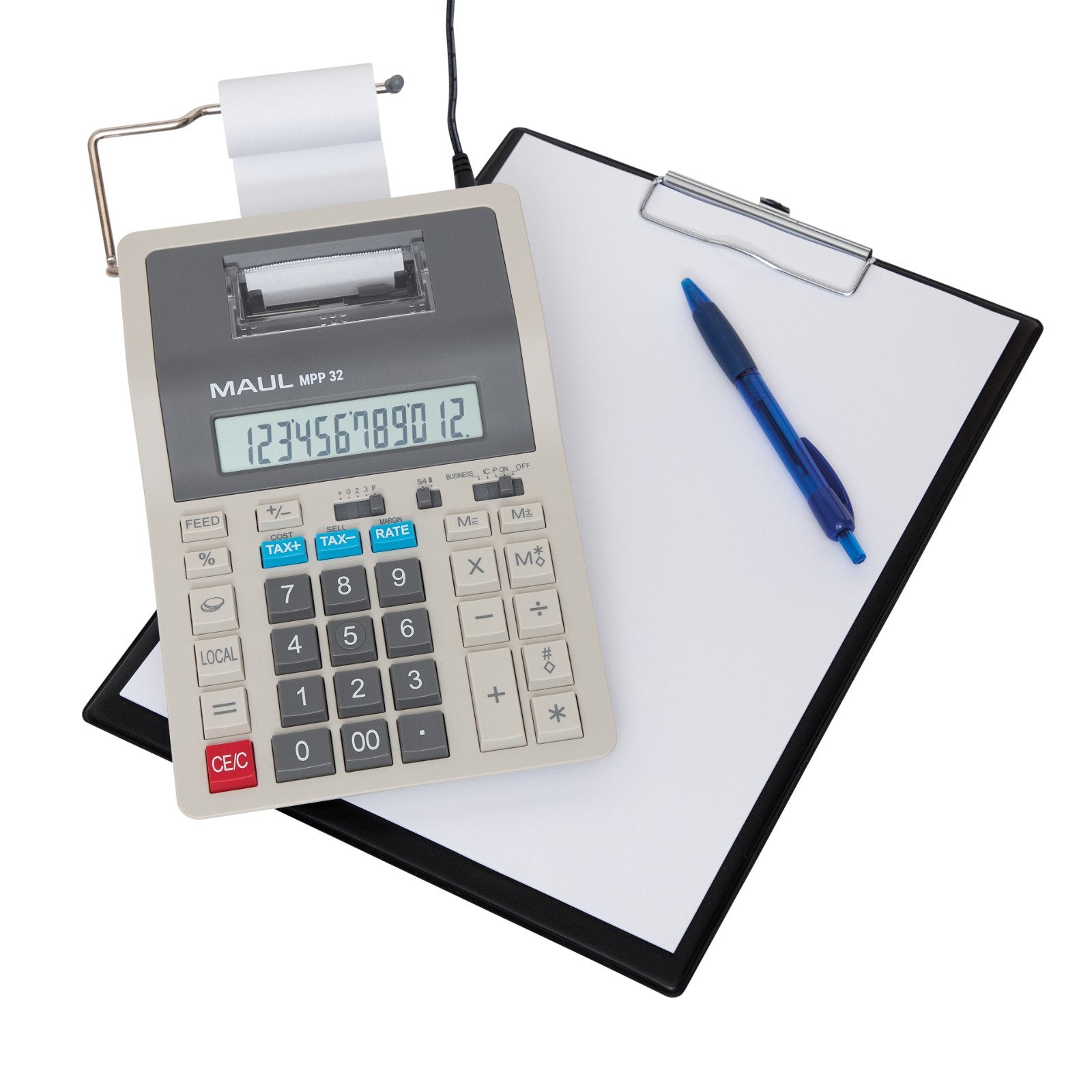 MAUL Druckrechner MPP32 – 12-stellig, 2 Zeilen/min, Akku, Desktop, LCD, Rollenbreite 58 mm, Grau/Weiss