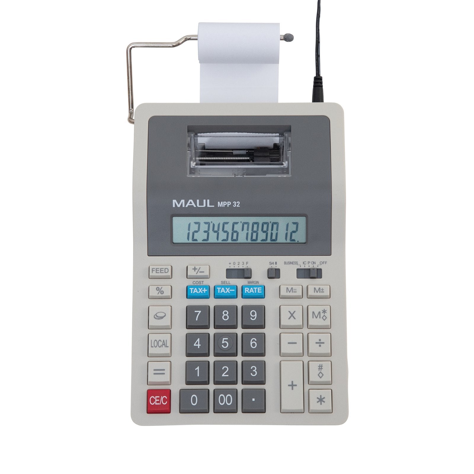 MAUL Druckrechner MPP32 – 12-stellig, 2 Zeilen/min, Akku, Desktop, LCD, Rollenbreite 58 mm, Grau/Weiss