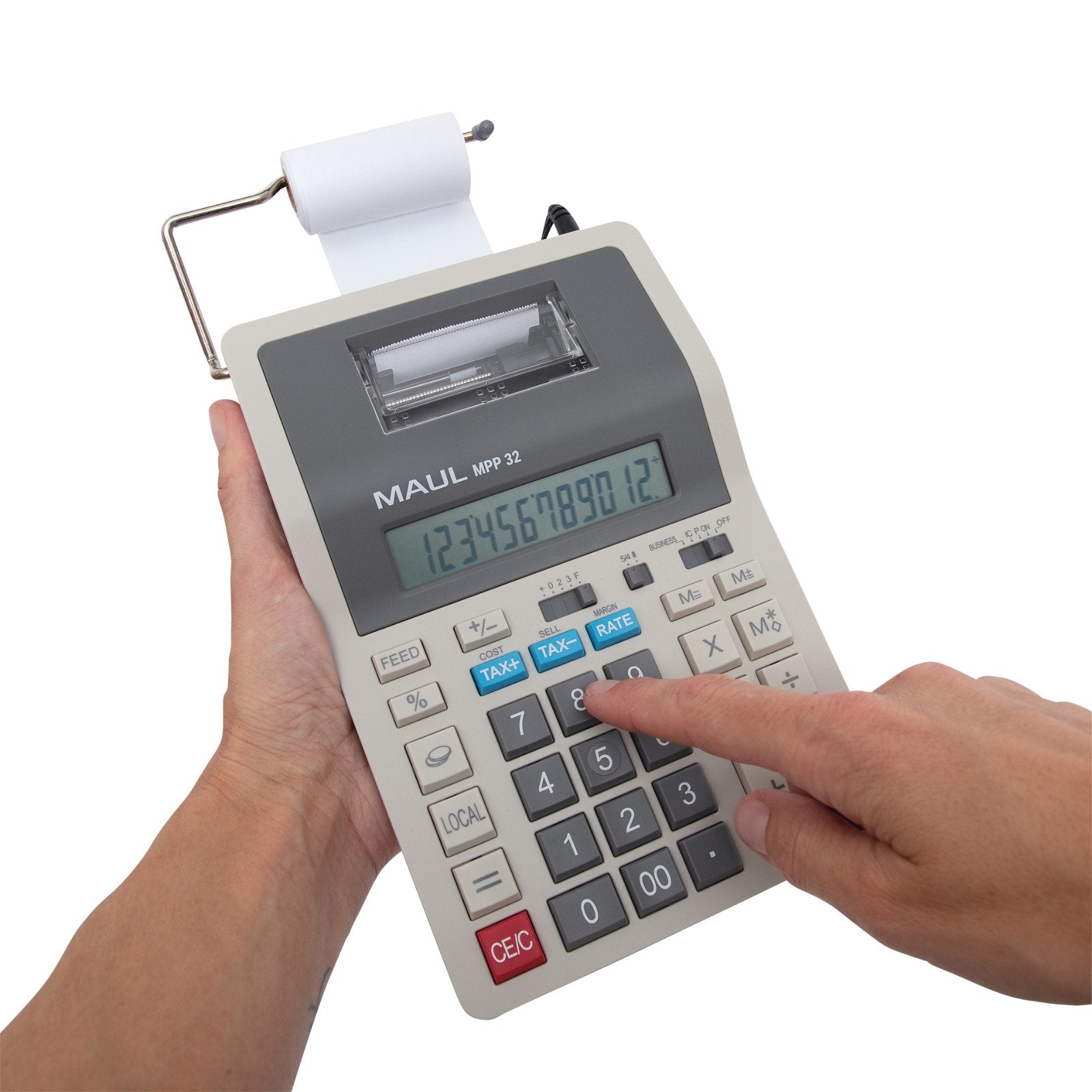 MAUL Druckrechner MPP32 – 12-stellig, 2 Zeilen/min, Akku, Desktop, LCD, Rollenbreite 58 mm, Grau/Weiss
