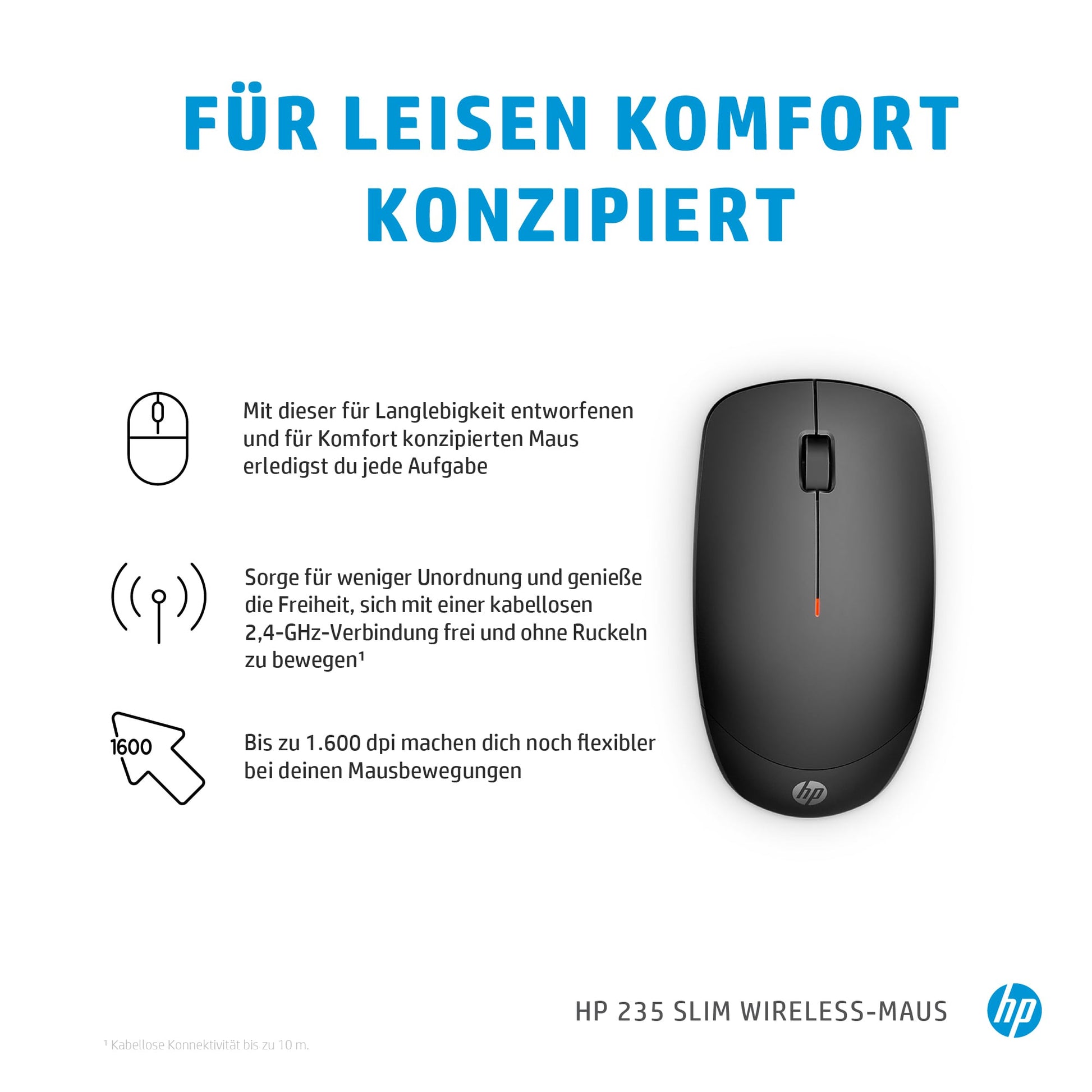 HP 235 Slim – Maus – Kabellos (2,4 GHz), 1600 DPI, beidhändig, Schwarz