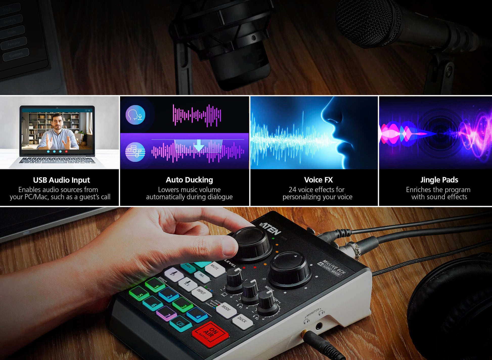 ATEN UC8000 MicLive – 6-Kanal Audio-Mixer, 24 Bit, 96 kHz, USB Typ-C, XLR, 3,5 mm Kopfhörer