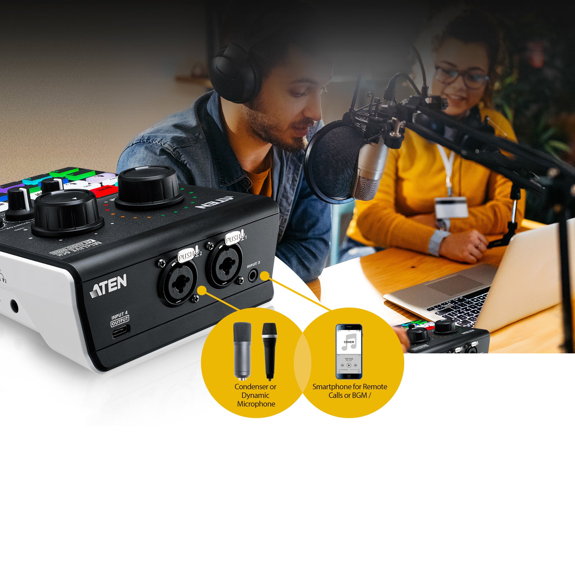 ATEN UC8000 MicLive – 6-Kanal Audio-Mixer, 24 Bit, 96 kHz, USB Typ-C, XLR, 3,5 mm Kopfhörer