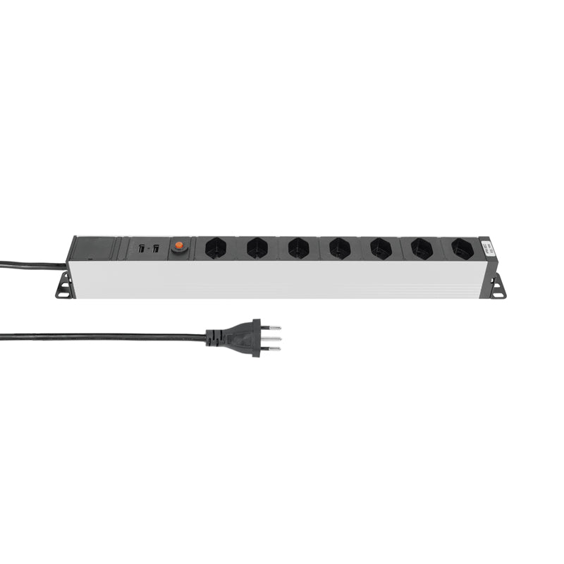 Steffen Steckdosenleiste – 7× T13, 2× USB, 3 m, IP20, schwarz/silber