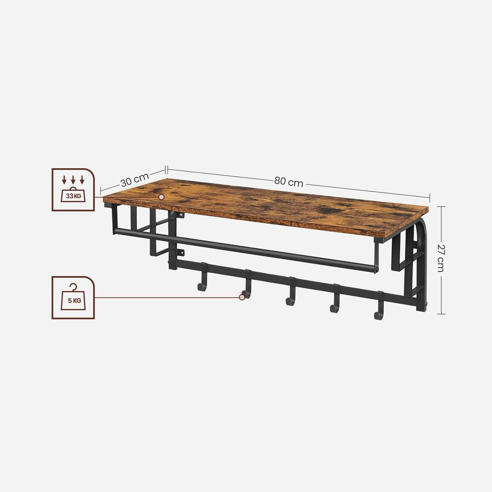 Vasagle Wandgarderobe – 5 Haken, Stahl/Spanplatte, Braun, 80 × 30 × 27 cm