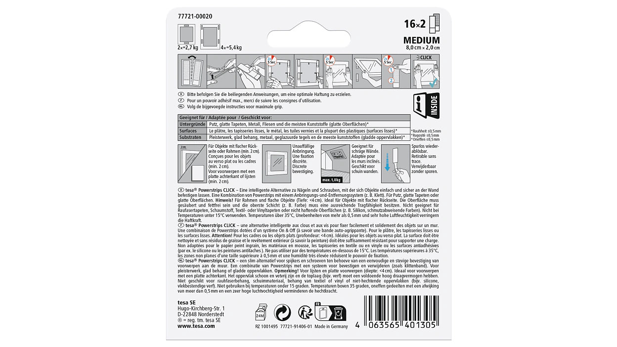 TESA Montagepad – 20 × 80 mm, weiss, bis 5,4 kg, 32 Stk.