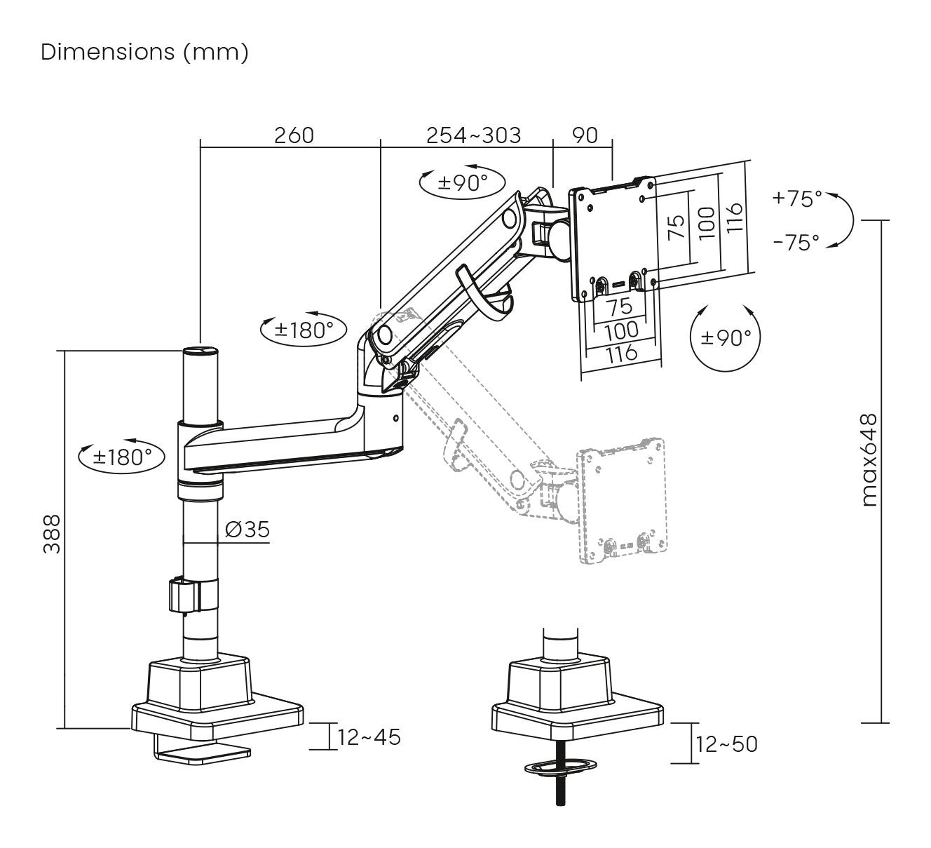 Digitus Tischhalterung, Tischklemme, bis 57", VESA 75 × 75/100 × 100 mm, 27 kg, Schwarz