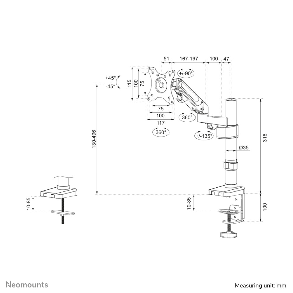Neomounts DS70 DS70-750BL1 – Monitorarm, 1, bis 27", VESA 100 × 75 mm, 7 kg, neigbar, schwarz