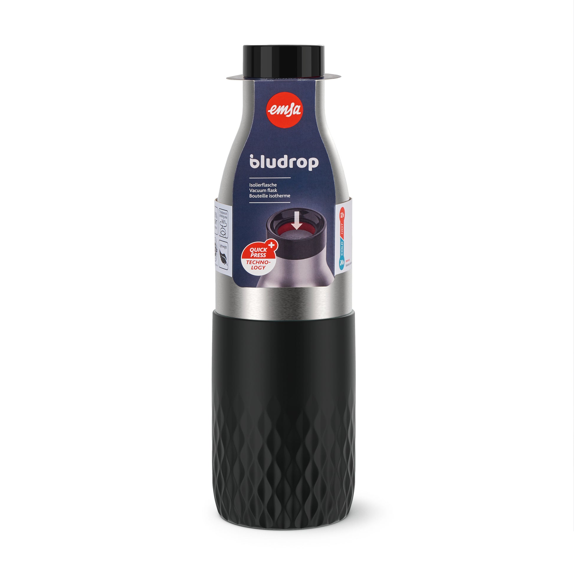 EMSA Bluedrop Isolierflasche 700 ml – Doppelwandig 12 h heiss / 24 h kalt, Edelstahl, Druckknopfdeckel